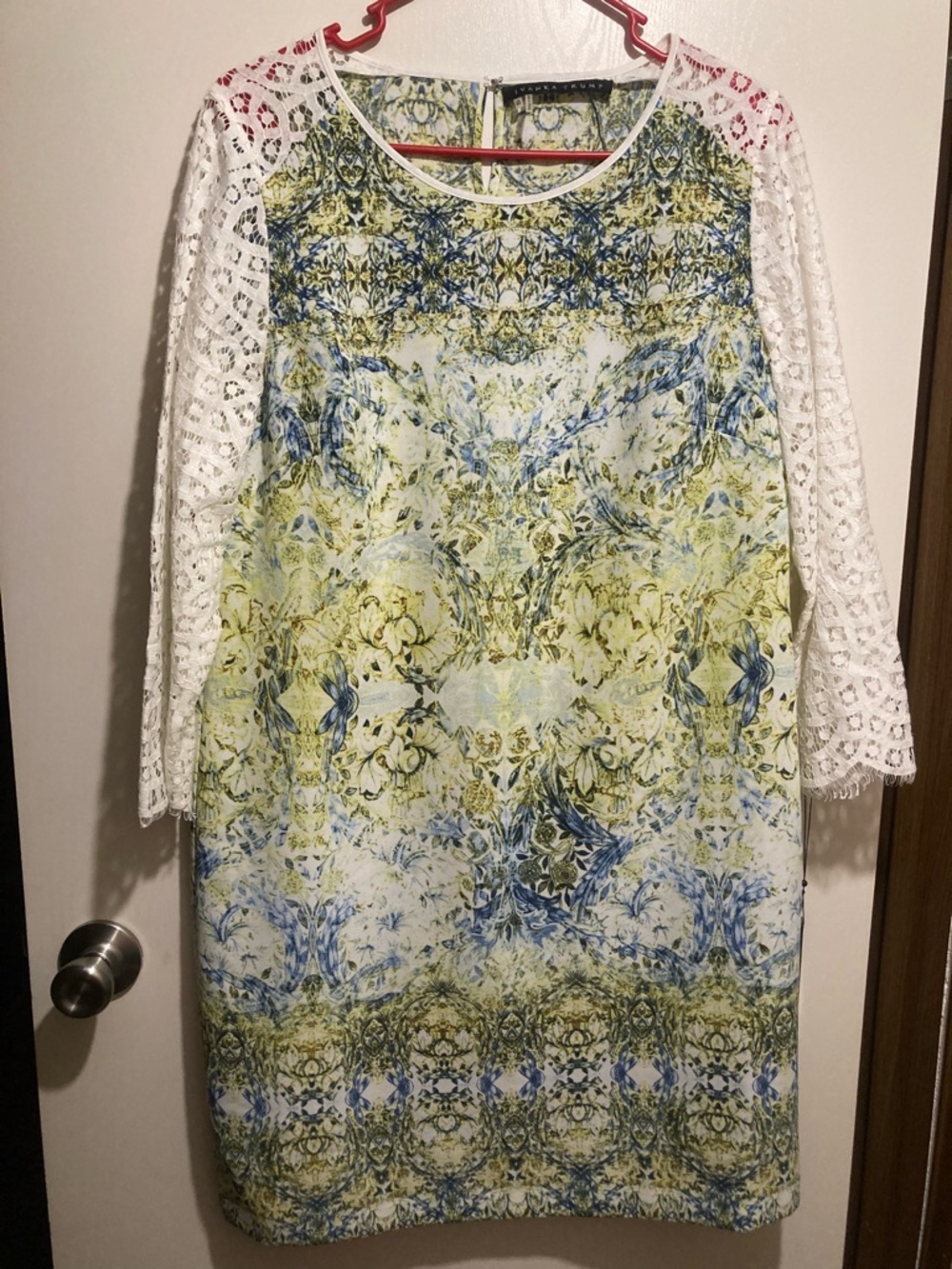 Ivanka Trump White Lace Sleeve Shift Dress with Blue and Yellow Print